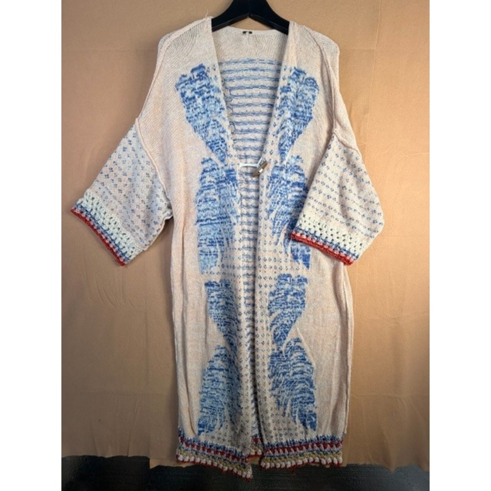Free People Longline Duster Cardigan Blue Leaf Knit Boho Crochet Trim